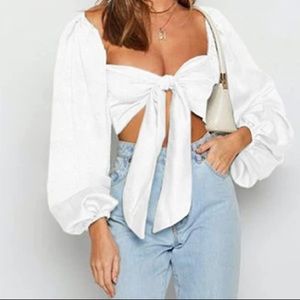 Self Tie Front Crop Top Long Lantern Sleeve Chiffon Blouses